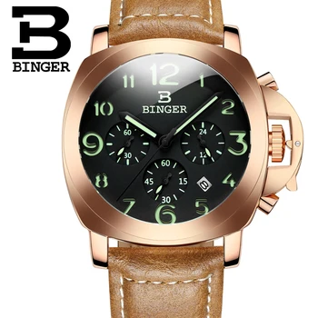Originálne Luxusné BINGER Značky Mužov kožený remienok svetelný nepremokavé športové kalendár Chronograf vojenské hodinky veľké dial