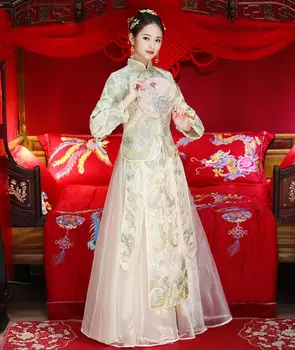 Populárne ázijské Ženy, výšivky kaprov Cheongsam Večer kostým Vintage Xiu Mu prípitok Béžová Šaty Čínsky štýl šaty svadobné šaty