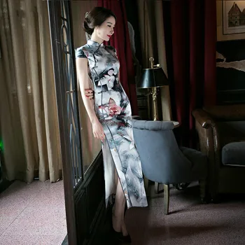 Super Kvalita Dlhý Tenký Dvojitý Hodvábne Šaty Elegantné Výkon Cheongsam Šaty S Atramentom a Kvety Tlač Šaty