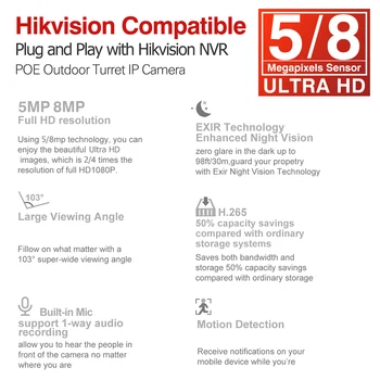 VIKYLIN 8MP 4K IP Fotoaparát 5MP 2K PoE Veži Farebný 30 M IR Automaticky Prepnúť IPC Hikvision Kompatibilných Plug&Play Bezpečnostné Kamery CCTV