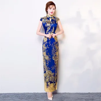 Šanghaj Príbeh čínske tradičné Kvetinové šaty Flitrami Dlho Qipao Krátky Rukáv Čipky cheongsam šaty Orientálny Štýl Šaty